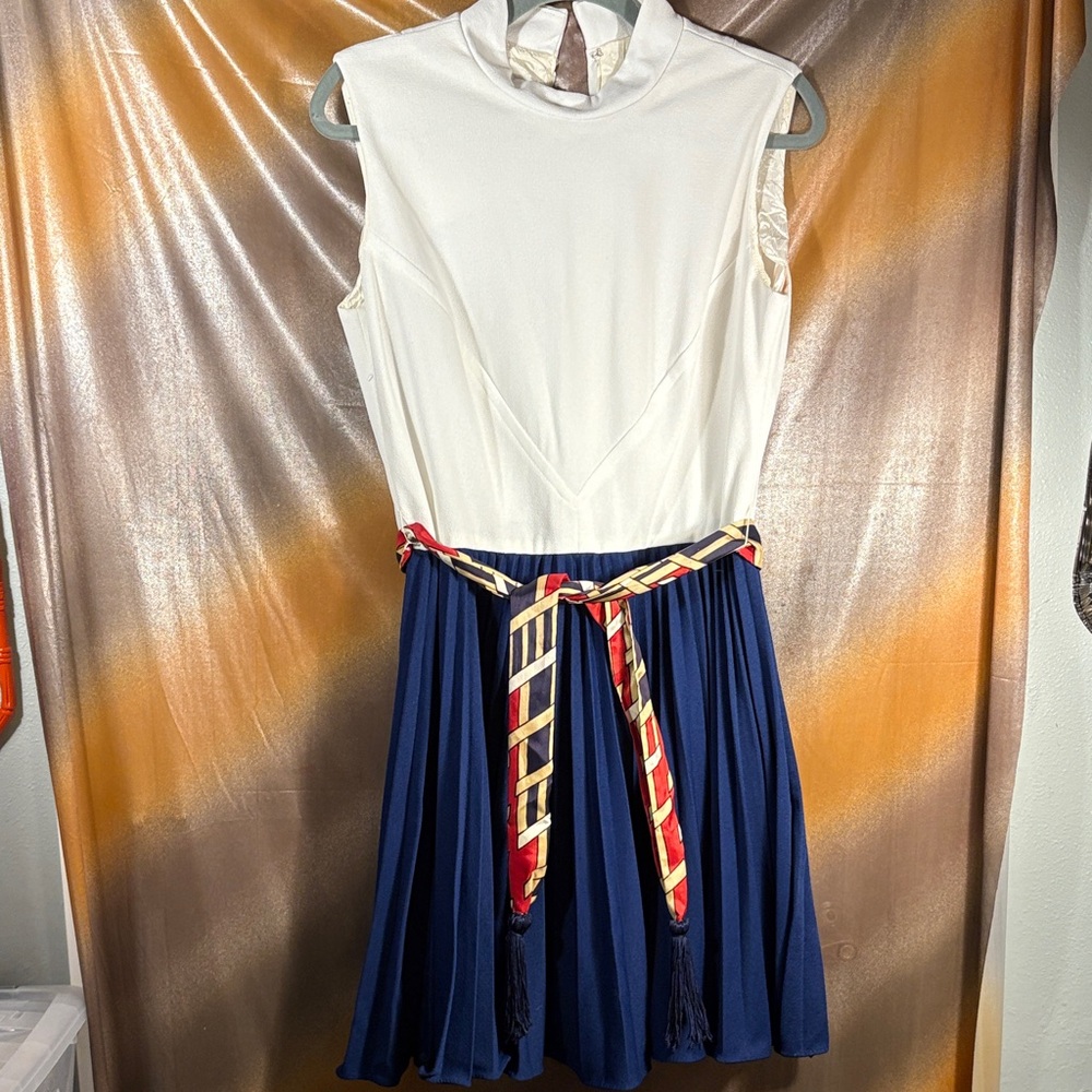 Vintage 70’s polyester all in one White and Blue top & Skirt with Belt. B6